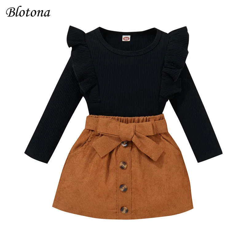 

Blotona Kids Girls Skirt Set, Long Sleeve Crew Neck Tops with Elastic Waist Skirt Casual Daily Outfit, 9Months-4Years