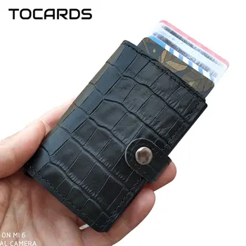 

RFID Blocking Genuine Crododil Leather Mini Smart Wallet Men Aluminum Metal Credit Card Holder Business ID Cardholder Card Case