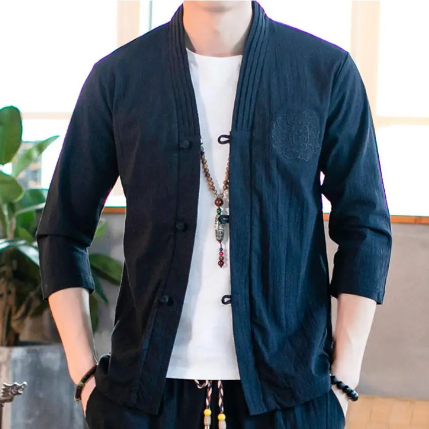 Discount 2019 Sinicism Cotton Linen Shirts Men Kimono Traditional Open Stitch Shirt Belt Pocket Male Three Quarter Sleeve Shirt S-5XL