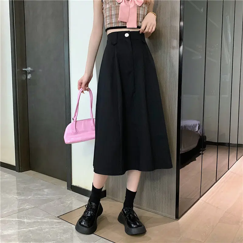 Korean Elegant Skirt for Women Summer Casual A-Line Kawaii Midi Skirt Female Designer Solid High Waist Fit Chic Sweet Skirt 2021 black midi skirt Skirts