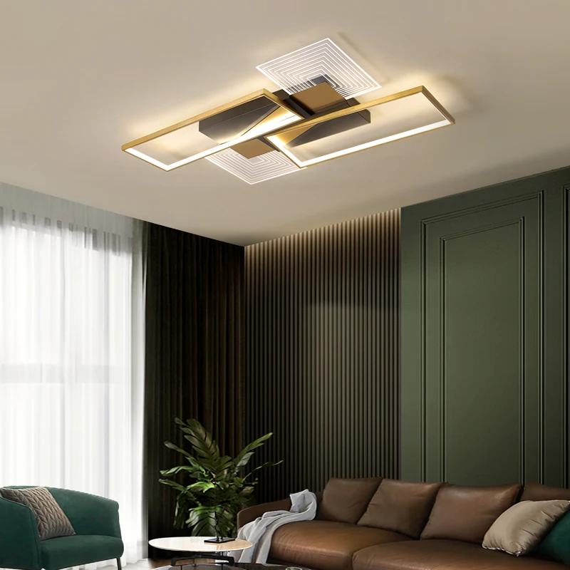 

Modern LED Ceiling Lamp for Living Room Kitchen Bedroom Black+Gold Lester Rectangle Acrylic Chandelier Home Lighting Fixtures