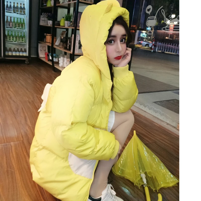 Зимняя куртка для женщин крылья могут двигаться Забавные милые хвосты Единорог манто Femme Hiver Harajuku длинное пальто - Цвет: Yellow