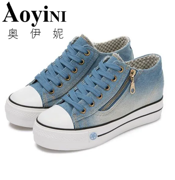 

2019 Classic Women Girl Fashion Casual Vintage Washed Denim Canvas Flat Platform Thicken Soled Lace-Up Plimsolls Shoes