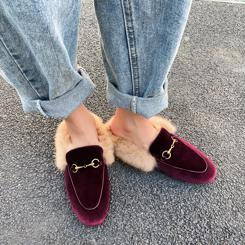 US $46.80 Plus Size 3342 2020 Winter S Velvet Rabbit Fur SlipOn Flats Mules Metal Buckle Cold Weather Casual Slides Round Toe Shoes Hot