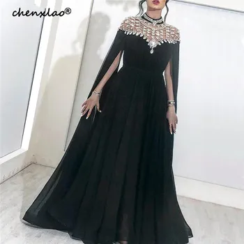 

Black Muslim Evening Dresses Sexy A-line Chiffon Beaded Crystals Plus Size Islamic Dubai Saudi Arabic Long Formal Evening Gown