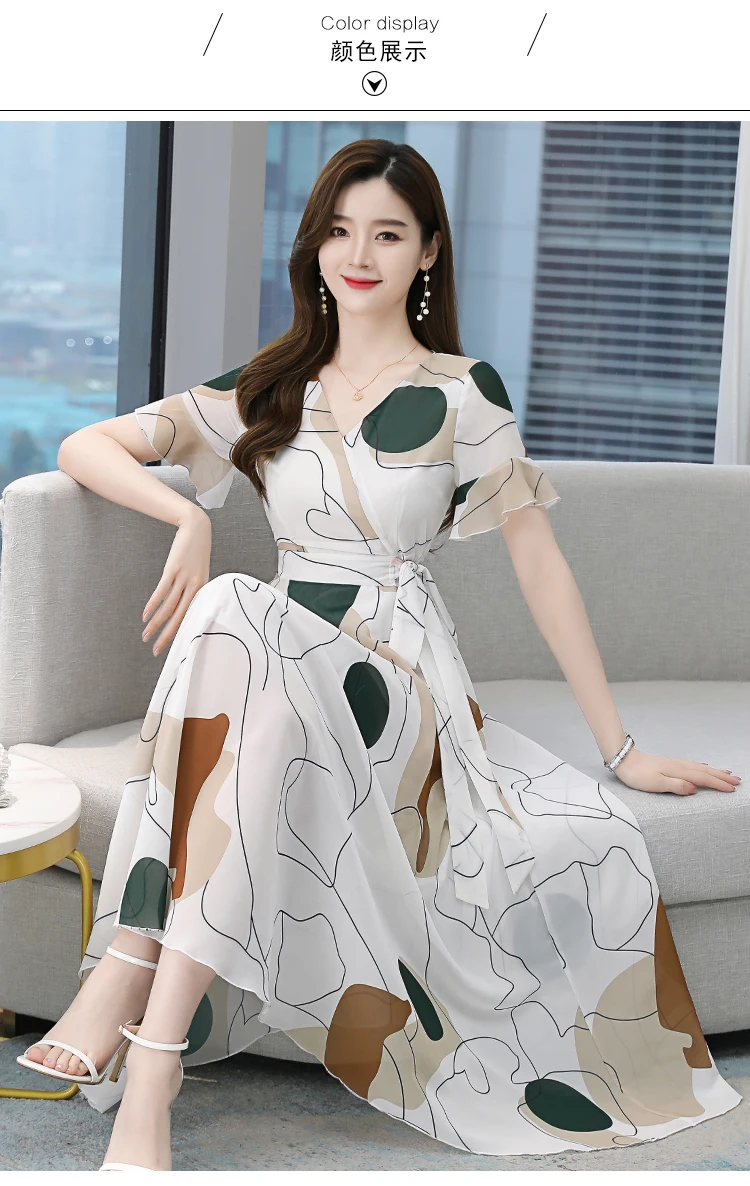 Women Summer 2021 White Chiffon Dress Casual Robe Vestito Floreale Midi Tunics Boheme Short Sleeve V-Neck Plus Size Dresses