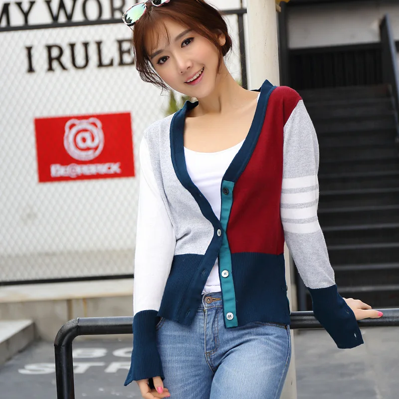 #Special Offers Women's Tops Shirt V-neck Stripes Mixed Colors Woollen Sweater Cardigan Slim Fit Coat Cool Knitted Sweater New Style