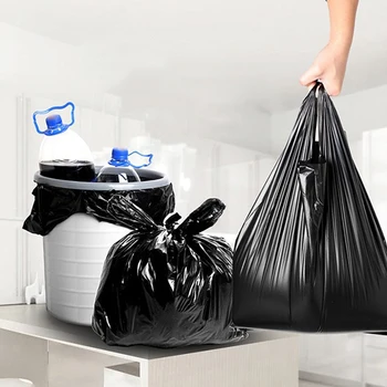 

Portable Black Disposable Garbage Bag Plastic Sturdy T Shirt Bag Thickened Grocery Bags Durable 50Pcs