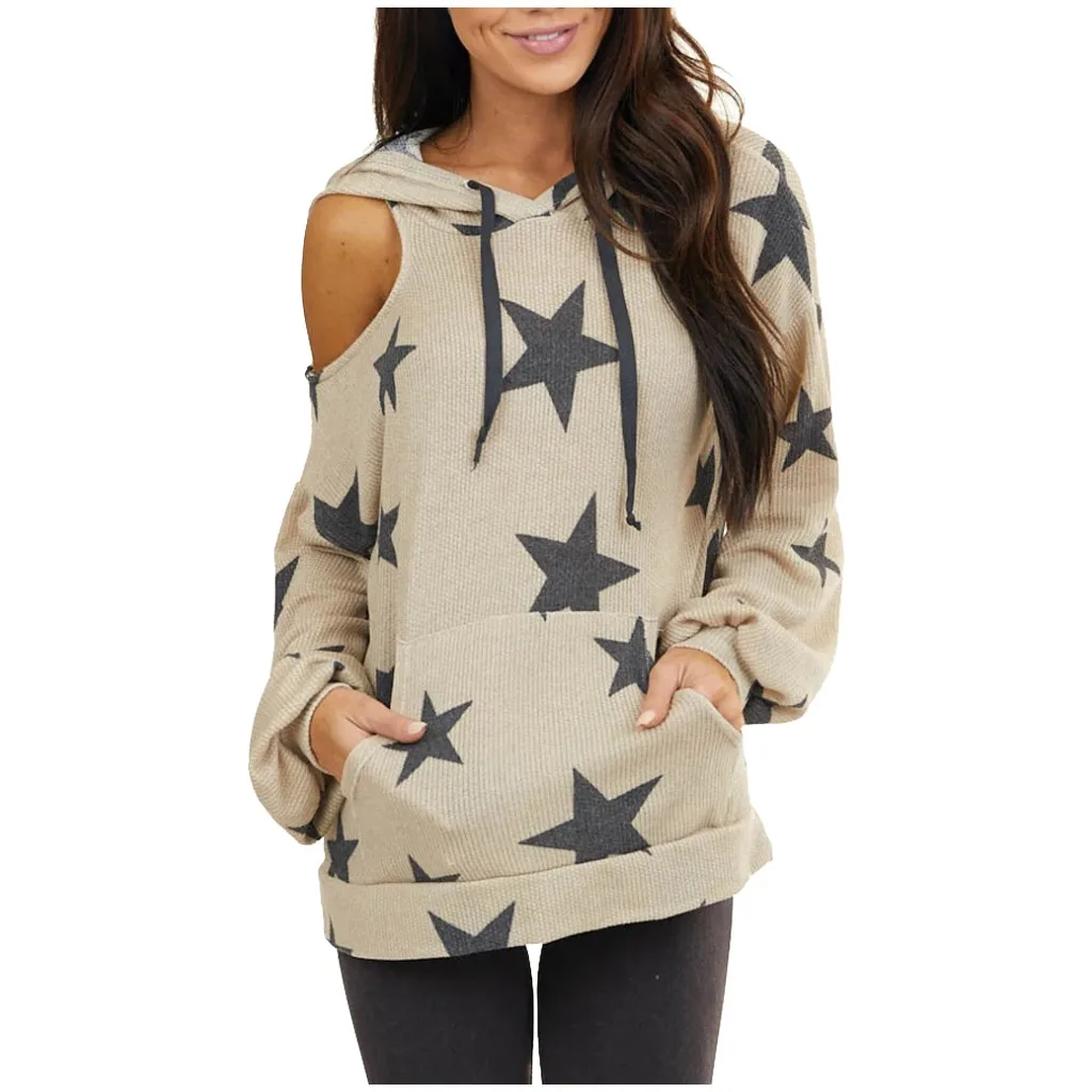 Women Leopard/star/tie-dye Print Sweatshirts Sexy Shoulder Long Sleeve Pocket Drawstring Hoodie Pullover Tops Mujer De Moda
