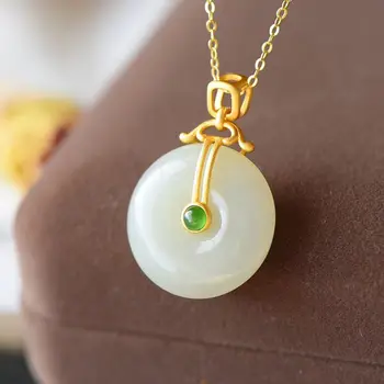 

SNew Silver Natural Hetian White Jade Necklace Pendant Peaceful Buckle Chinese Palace Style Vintage Craft Women's Brand Jewelry