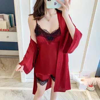 

Female Nightwear Nightgown Satin 3PCS Robe Suit Sexy Sleepwear Lace Kimono Gown 2020 Summer New Intimate Lingerie Homewear