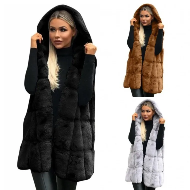 Женский зимний утепленный Пушистый Плюшевый жилет с открытым передом и капюшоном, жилет средней длины, свободная одноцветная куртка, верхняя одежда-80