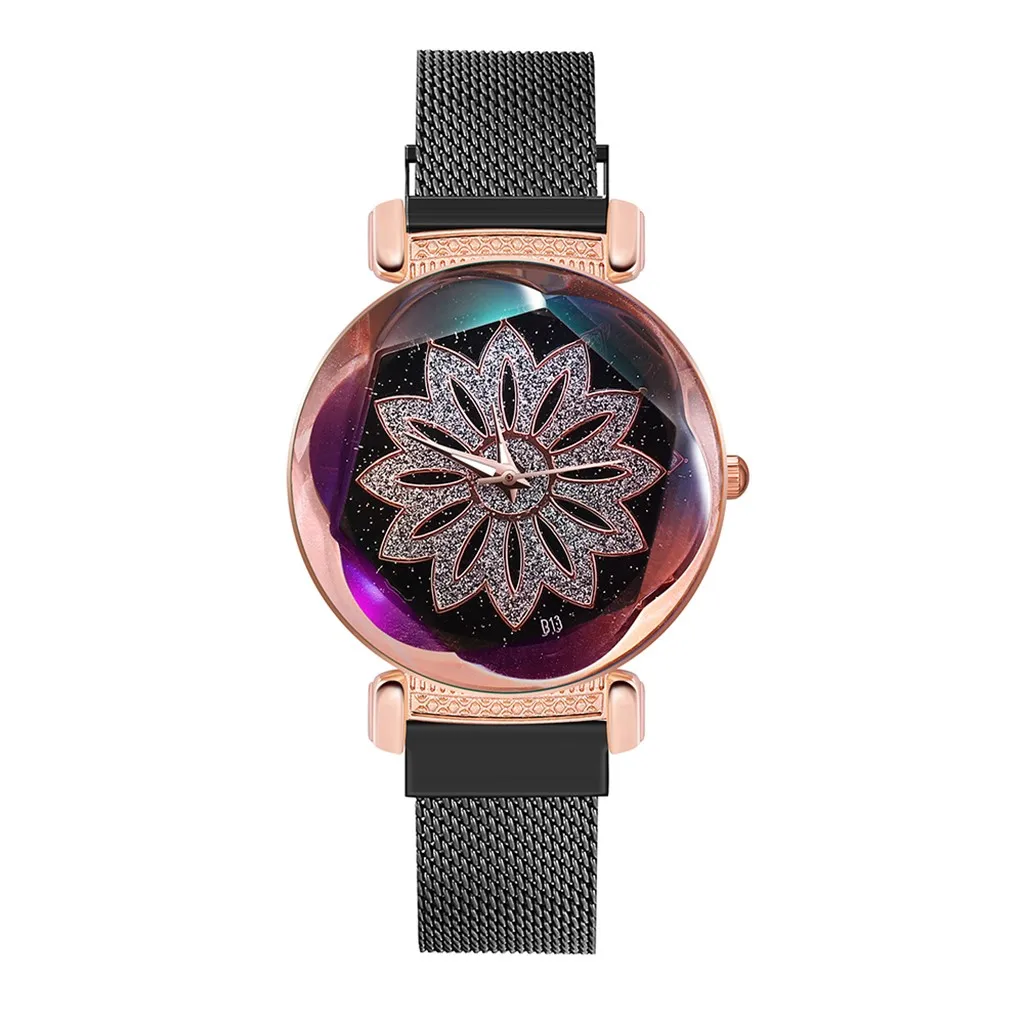 Модные женские часы с цветком из розового золота на удачу, звездное небо, кварцевые часы с магнитной пряжкой на ремешке, женские часы zegarek damski relogio - Цвет: Black