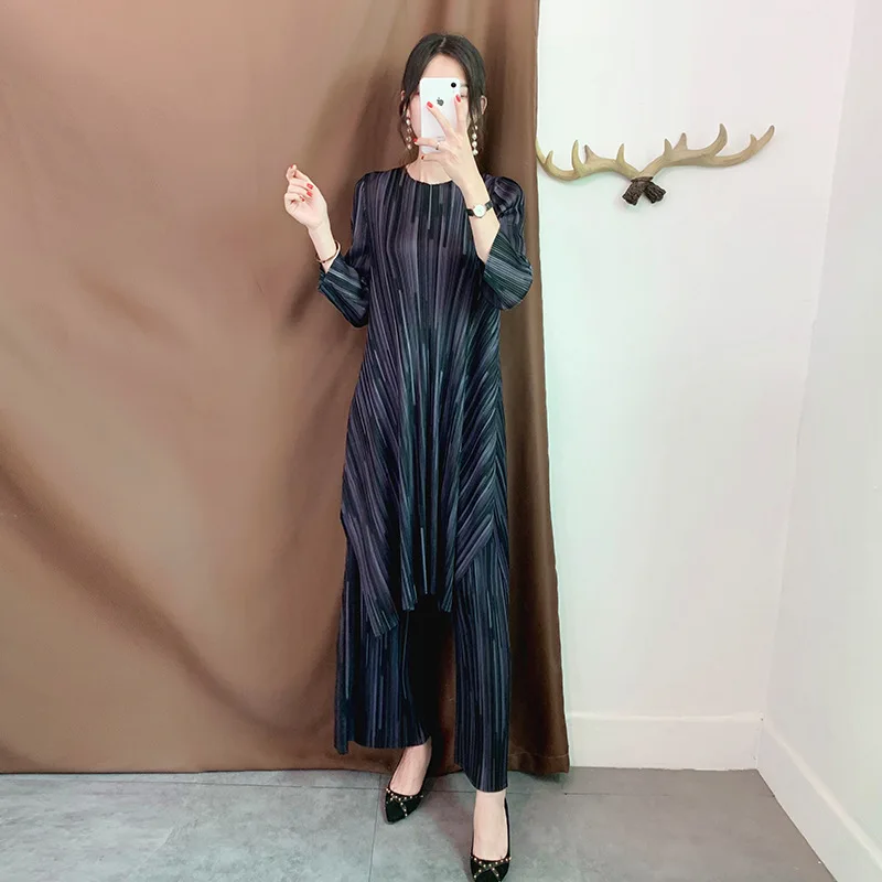  Winter Autumn Women Pleated Sets Fashion New Tidal Tops Trousers Two Pieces Clothing Sets
