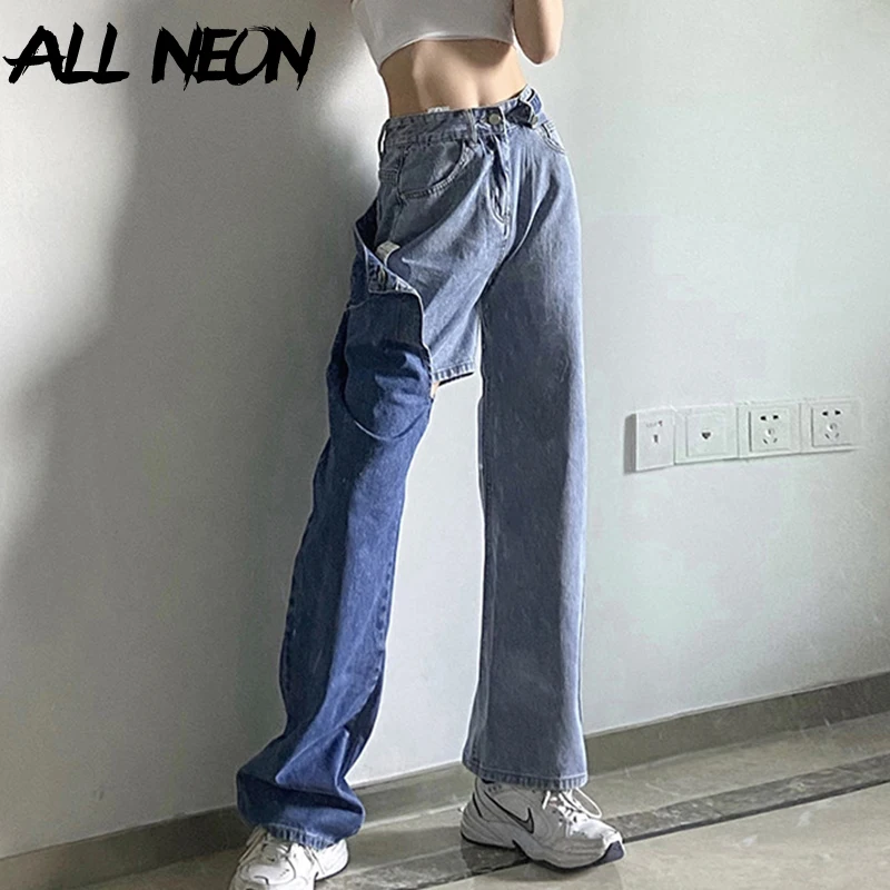 

ALLNeon E-girl Style Sweet Patchwork Loosed Straight Pants Y2K Fashion Chic Denim High Waist Long Jeans Streetwear 90s Autumn