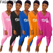 

FAGADOER Two Piece Set Women Clothes Casual V Neck Pink Letter Print Top And Legging Pants Outfits Female Sport 2pcs Suits 2022