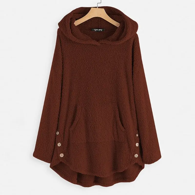 Женские осенние толстовки с капюшоном флисовые повседневные толстовки Пушистый пуловер передний карман с длинным рукавом платье-свитер Топы