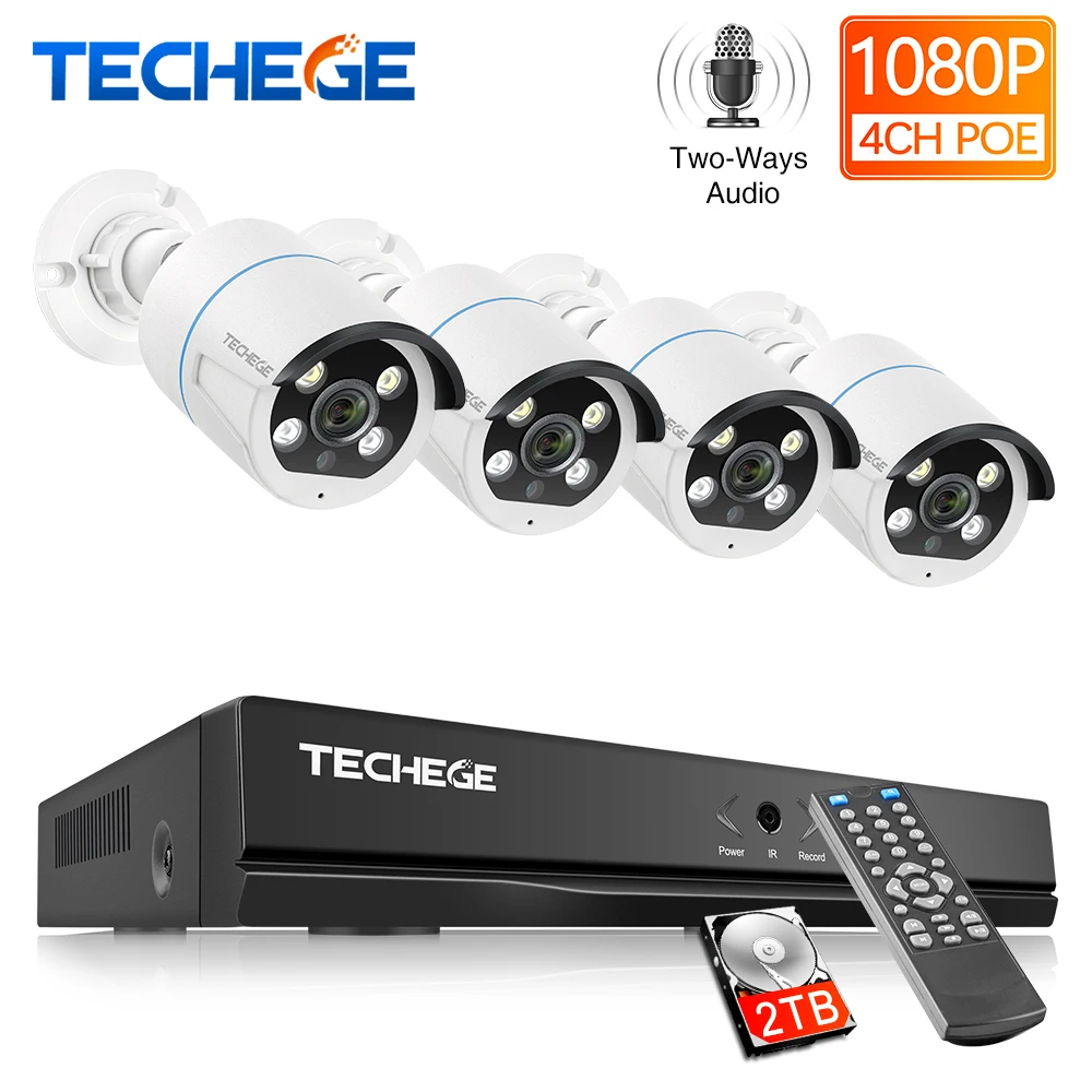 Techege 1080P POE камера безопасности Система 4CH NVR комплект H.265 двухстороннее аудио