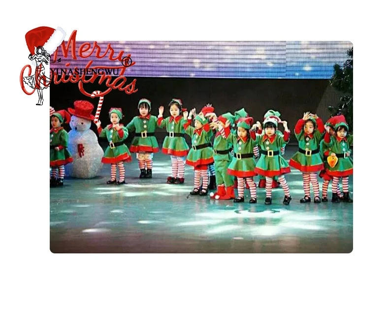 Mery/рождественское платье для девочек; комплект одежды для мальчиков; Семейный детский карнавальный костюм зеленого эльфа; карнавальные вечерние костюмы с шапочкой и носками