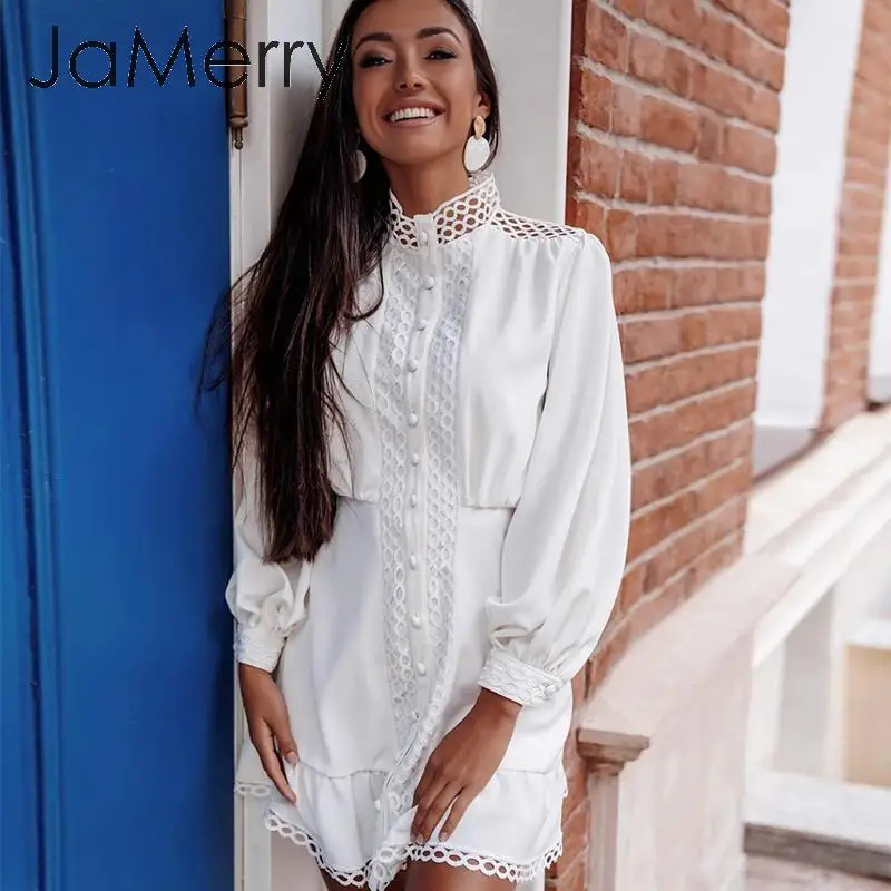 Женское уличное платье JaMerry белое ажурное с длинными рукавами и оборками летнее