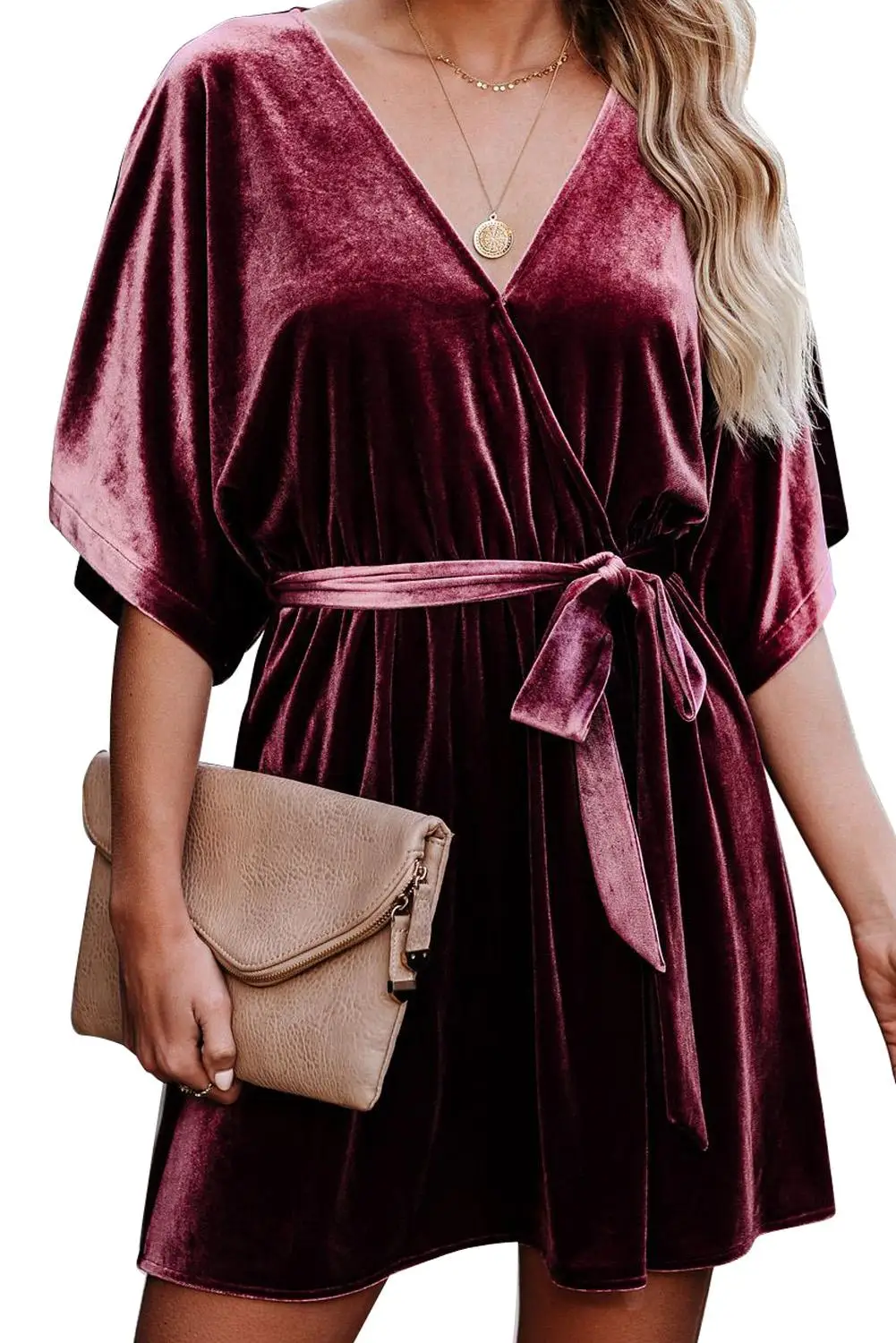 V-neck Half Sleeve Velvet Mini Dress 
