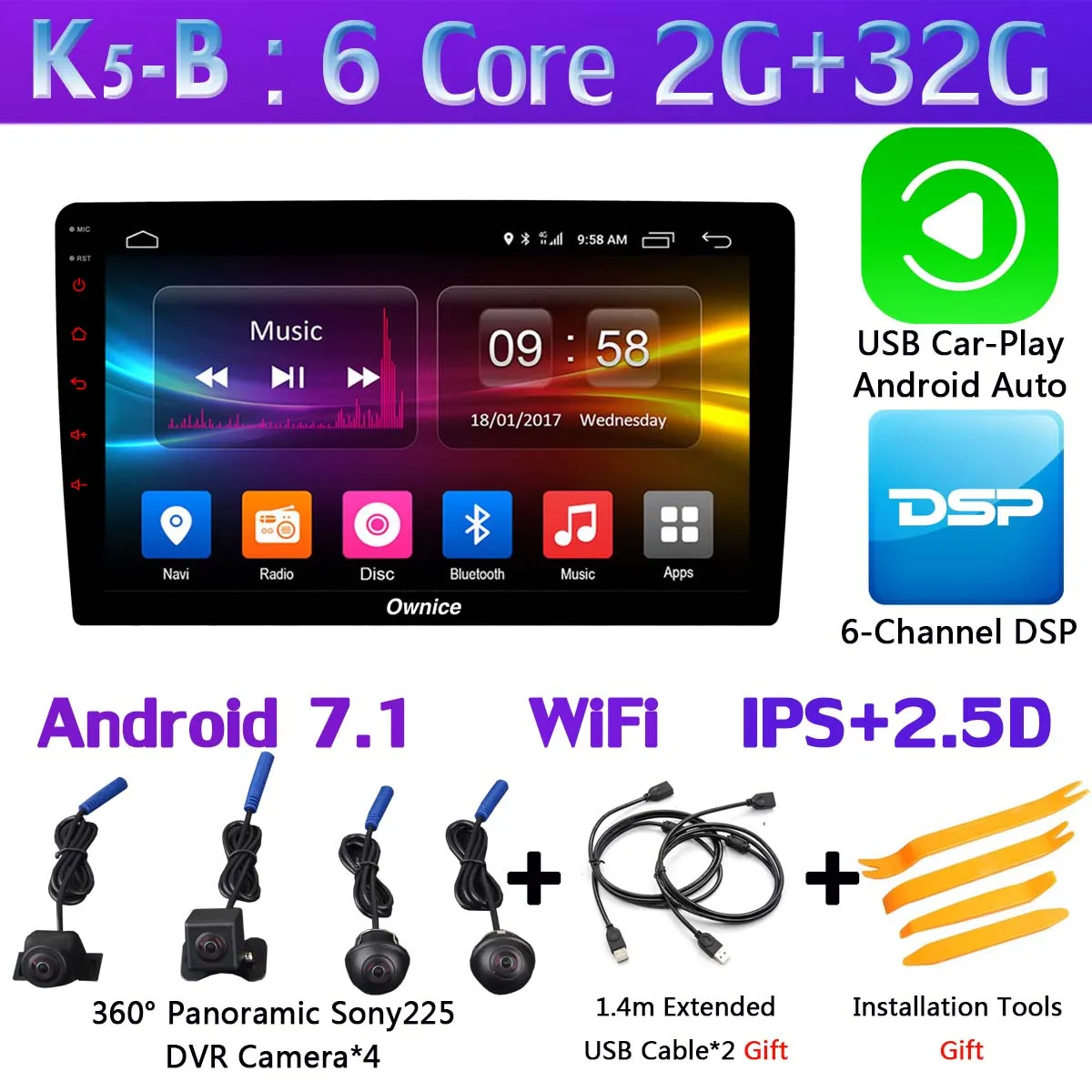 Ownice K5 360 ° панорамная 4 × AHD DVR камера Android 7,1 6Core 2 Гб+ 16 Гб/32 ГБ Автомобильный мультимедийный плеер Радио Стерео gps DSP CarPlay WiFi - Цвет: K5-B-CarPlay