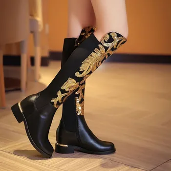 

Novelty Bling Over The Knee Boots Leisure Stretch Leather High Heels Fashion Zipper Cozy Short Plush Women Shoes Stivali Donna