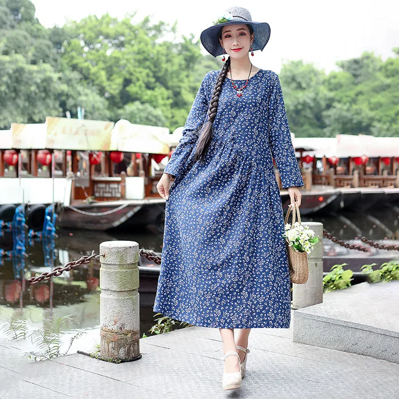 

Female Autumn New Style Cotton Linen Floral Dress Women's 2019 Retro Loose And Plus-sized WOMEN'S Dress Fashion Long Sleeve Big