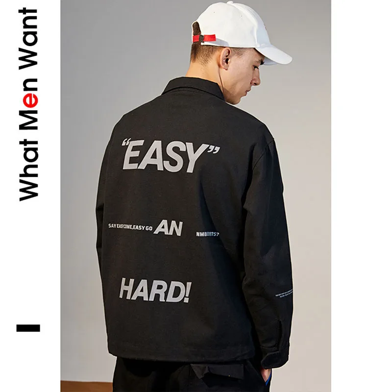

IVRESSE Black Patchwork Back Letter Print Jackets Men Pockets Single Breasted Loose Outerwear Male Fashion Casual Hip Hop Coats