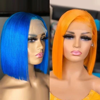 Blue Color 150% Density Lace Front Human Hair Wigs Pre Plucked Brazilian Remy Hair Short Red 613 Bob Wigs TPart Orange Lace Wigs 1