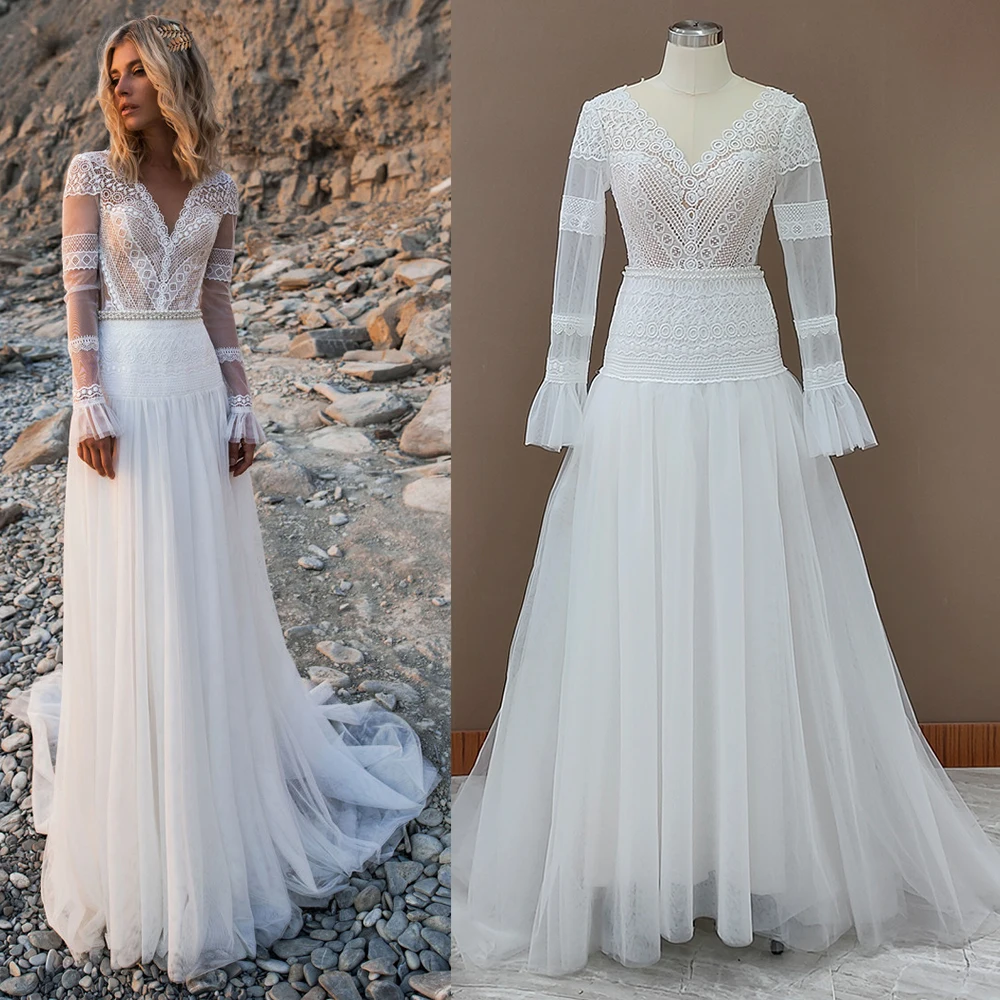 Real Photos Bohemian Lace Long Sleeve BOHO Wedding Dresses Tulle V Neck Pearls Beach Transparent Back Bridal Gowns Custom Made 1