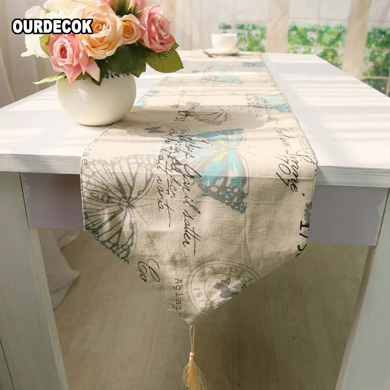 

Cotton-Linen Butterfly Table Runner Pastoral Style Table Runners Cover with Houppe Wedding Party Decoration Chemin de table