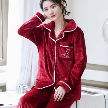

Pijamas Suit Winter Warm Thick Coral Fleece Nightwear Long Sleeve Flannel Pajamas Set Women Sleepwear Sleep Set Casual Homewear