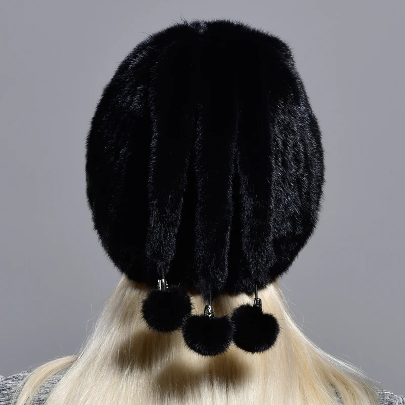 real mink fur hats women's winter natural geniune fur warm knitted hats with 3 balls handsewn fashionable skullies beanies hat - Цвет: Black