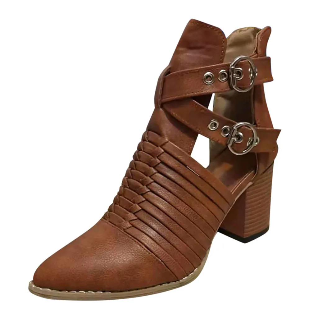 

Buckle Strap Boots Women Sexy Ladies Autumn Square Root Heels Shoes Woman Fashion Ankle Solid Color Single Shoes Short Boots
