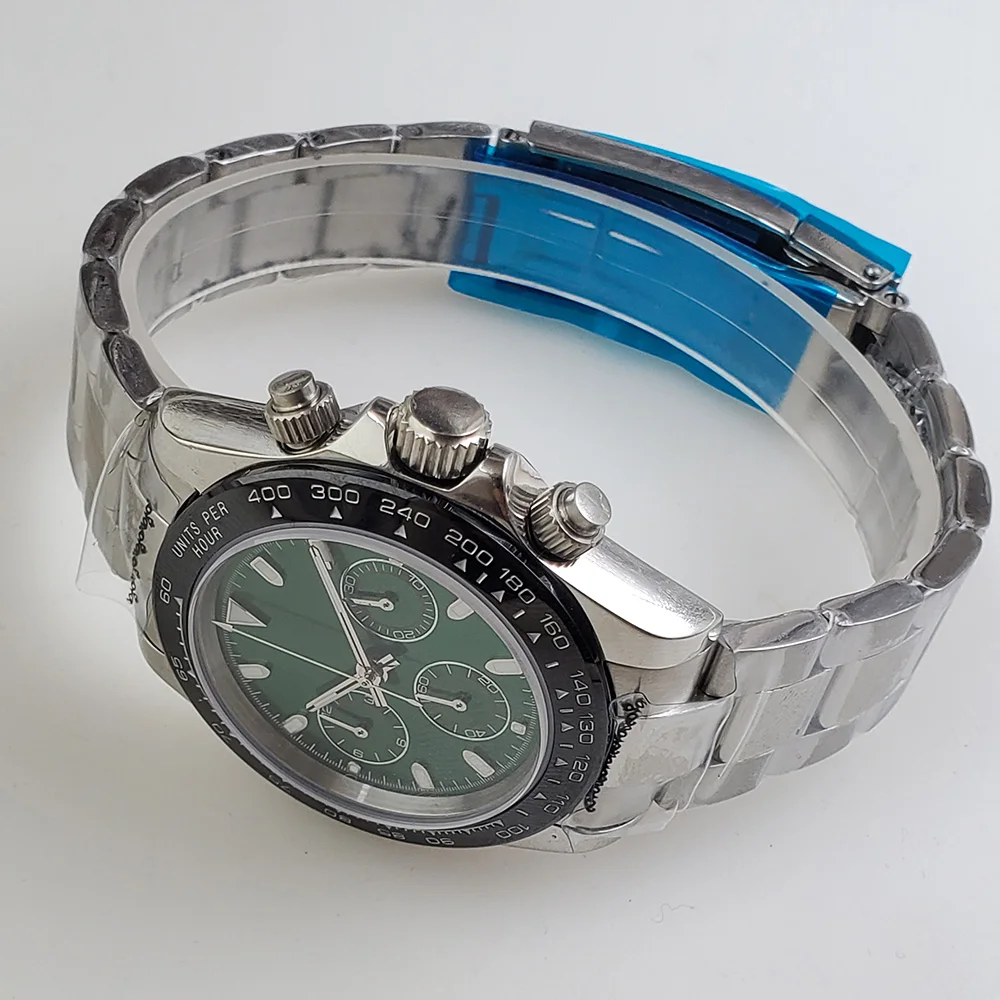 VK63 кварцевые часы хронограф зеленый циферблат 39 мм сапфир керамика ободок светящийся указатель стальной браслет D8