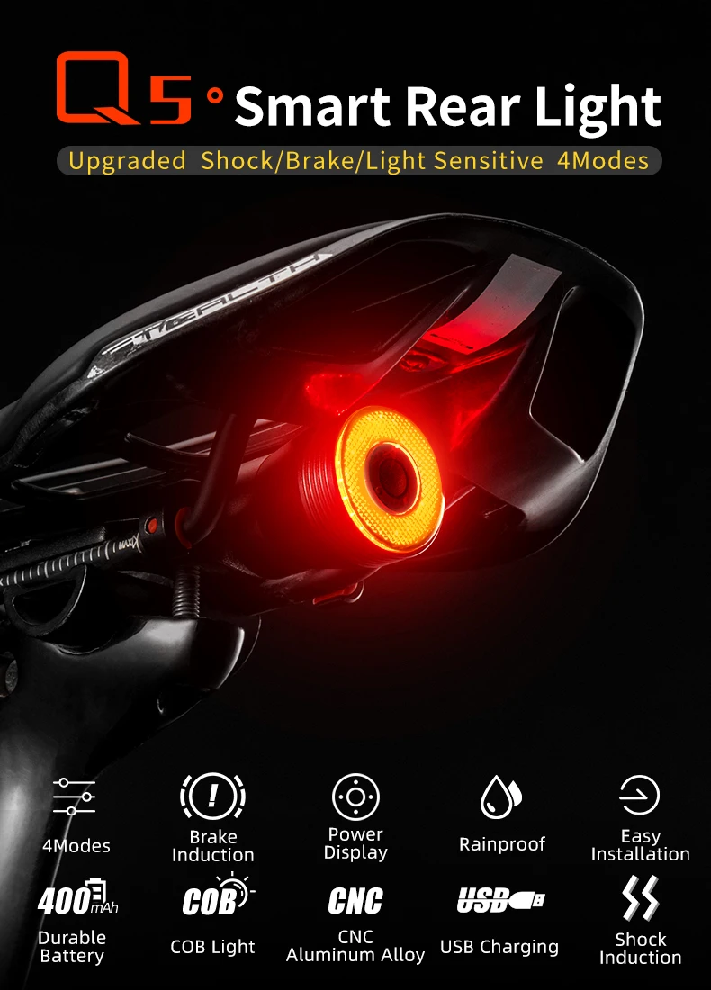 ROCKBROS Bicycle Smart Auto Brake Sensing Light IPx6 Waterproof LED Charging Cycling Taillight Bike Rear Light Accessories Q5