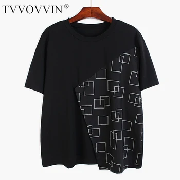 

Loose Women Gray Pattern Print Split Asymmetrical T-shirt Round Neck Short Sleeve Fashion Tide Spring Summer 2020 FH8M