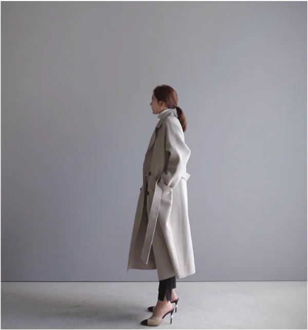Зимнее пальто в Корейском стиле, Женский широкий лацкан и пояс, карманное шерстяное пальто, длинное пальто оверсайз, шерстяное пальто для женщин
