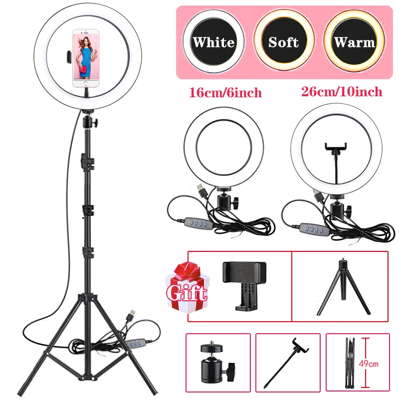 

26CM Photography LED Selfie Ring Light 10in Dimmable Camera Phone Ringlight Lamp With Stand Tripods For Makeup Video Live Studio