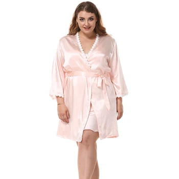 

Plus Size Women Imitation Silk Robe Sets Sexy Lace Satin Silk Nightdress + Bathrobes Two-Piece Sets Female 2020 NEW 9001
