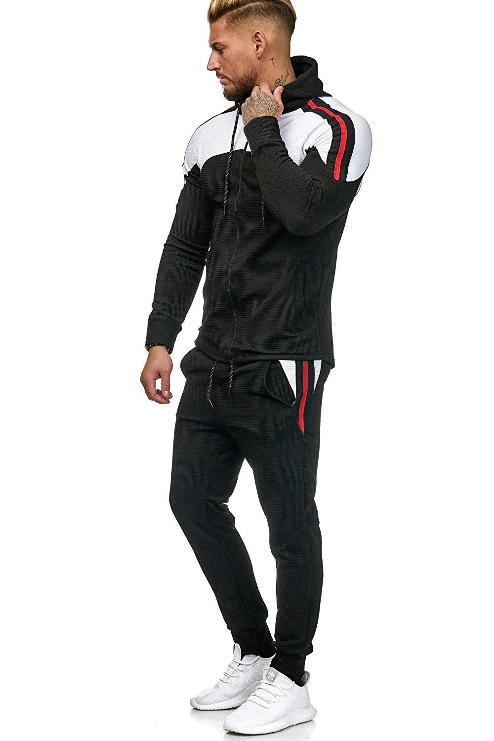 Men's Hoodie Sportwear Suit Sweatshirt Jacket Stripe Color Tracksuit Hoodie Men Casual Zipper Outwear Hoodies+Pants 2Pcs Sets