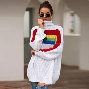 

Lady's Sweater Rainbow Stripe Color Matching High Collar Loose Lady's Sweater