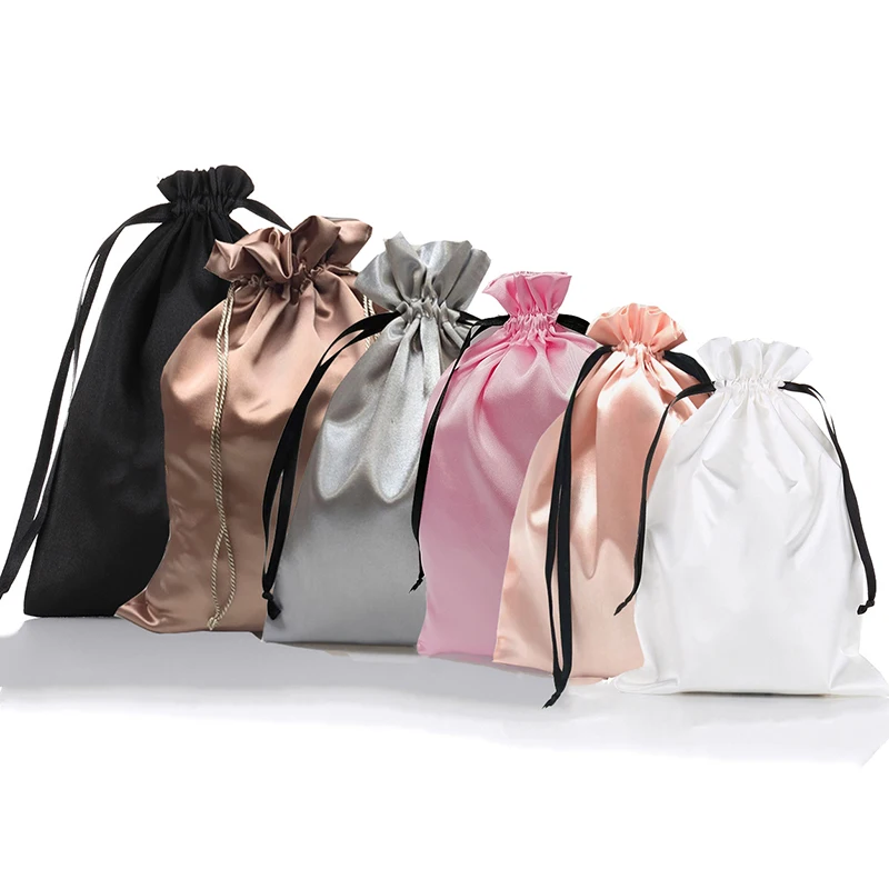Bolsas de regalo de satén de seda con logotipo personalizado, embalaje de joyería de cabello virgen, negro, blanco, plata, Rosa