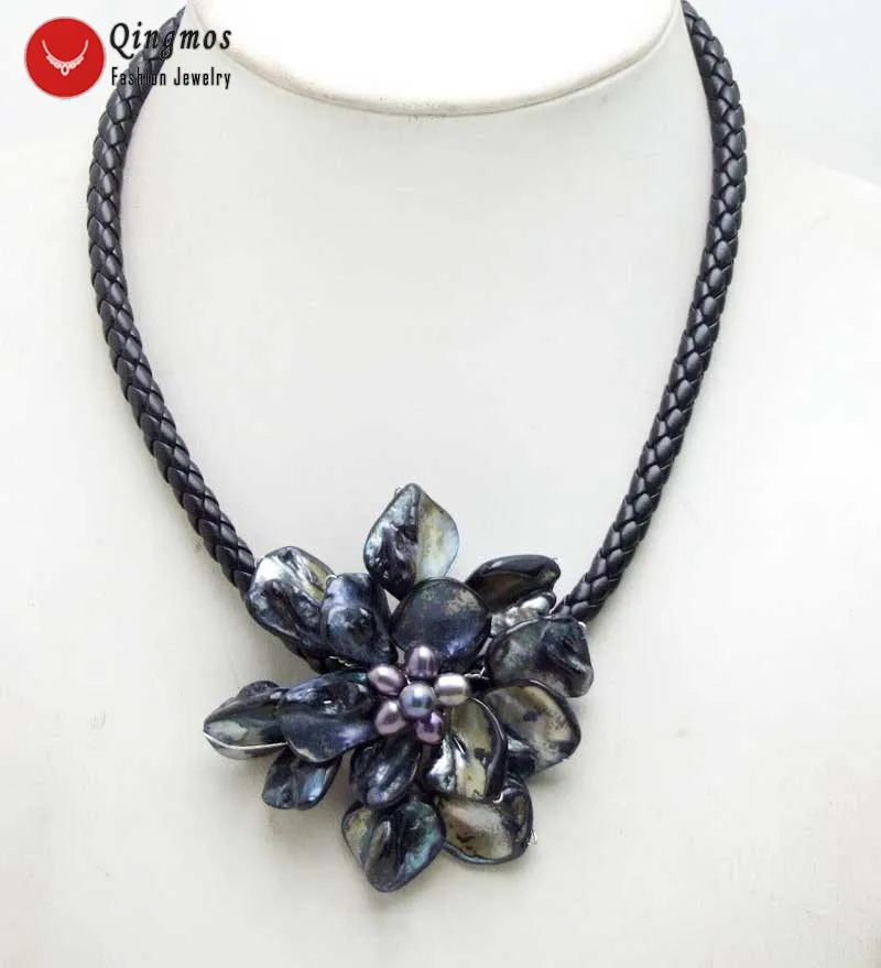 Qingmos 70mm Flower Black Shell Pendant Necklace for Women with Natural Pearl and 6mm Leather Rope 18'' Chokers | Украшения и
