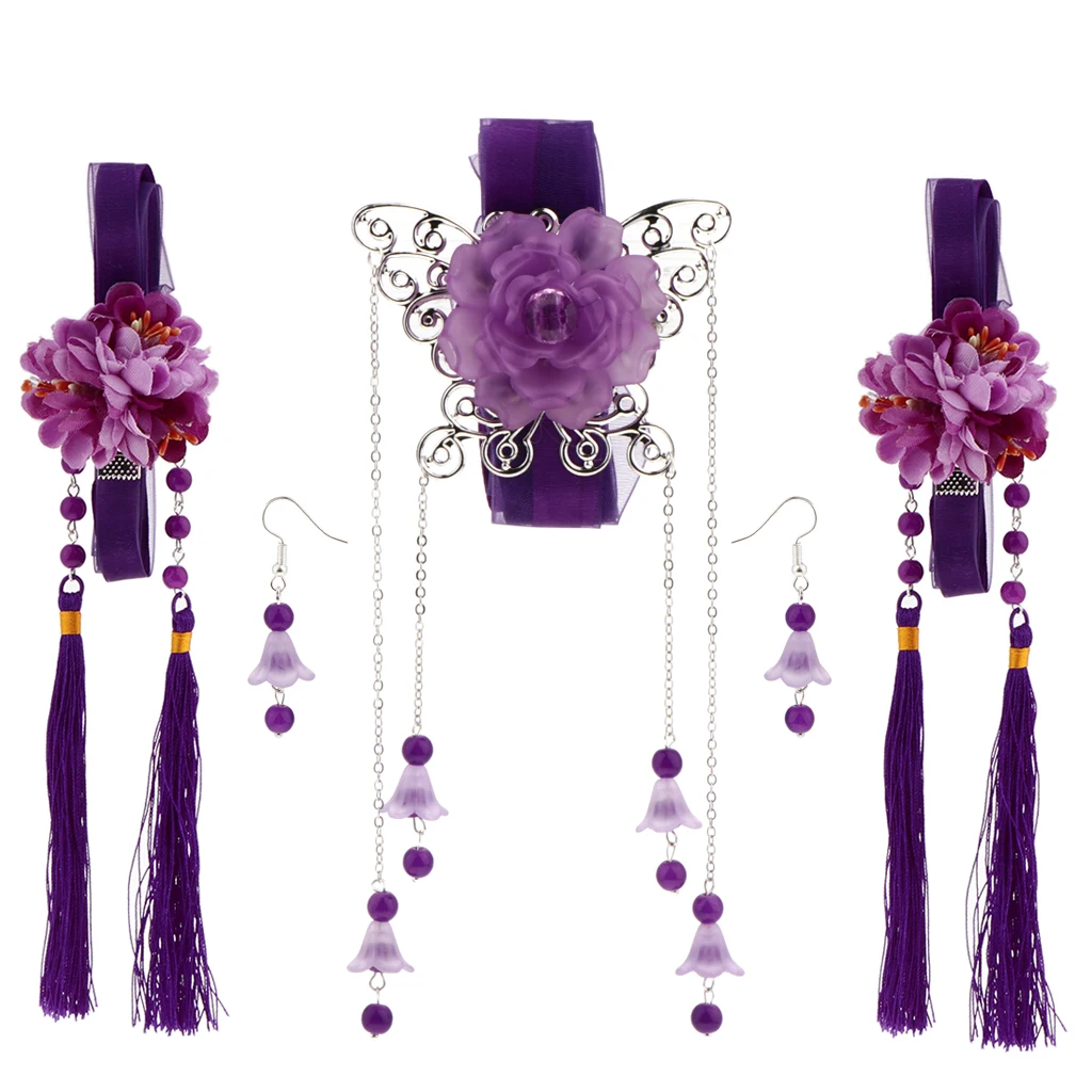 Purple Длинные ленты кисточкой бусы серьги-подвески набор цветок древний китайский косплей волос заколка набор - Цвет: Purple