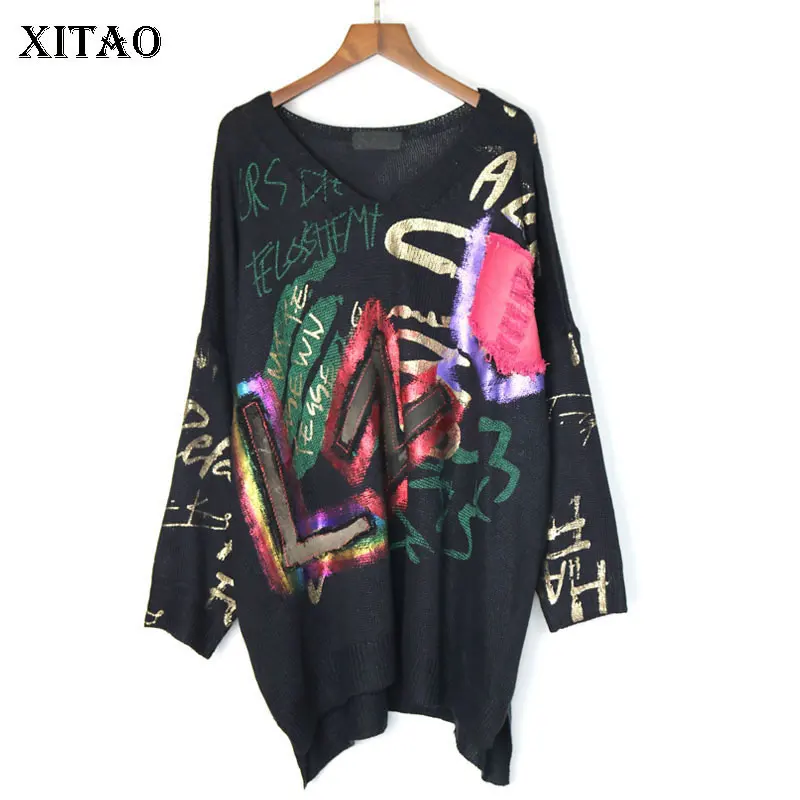 

XITAO Letter Pattern Knitted Sweater Women Fashion 2019 Autumn Elegant V Neck Irregular Small Fresh Casual Sweater Top GCC1985