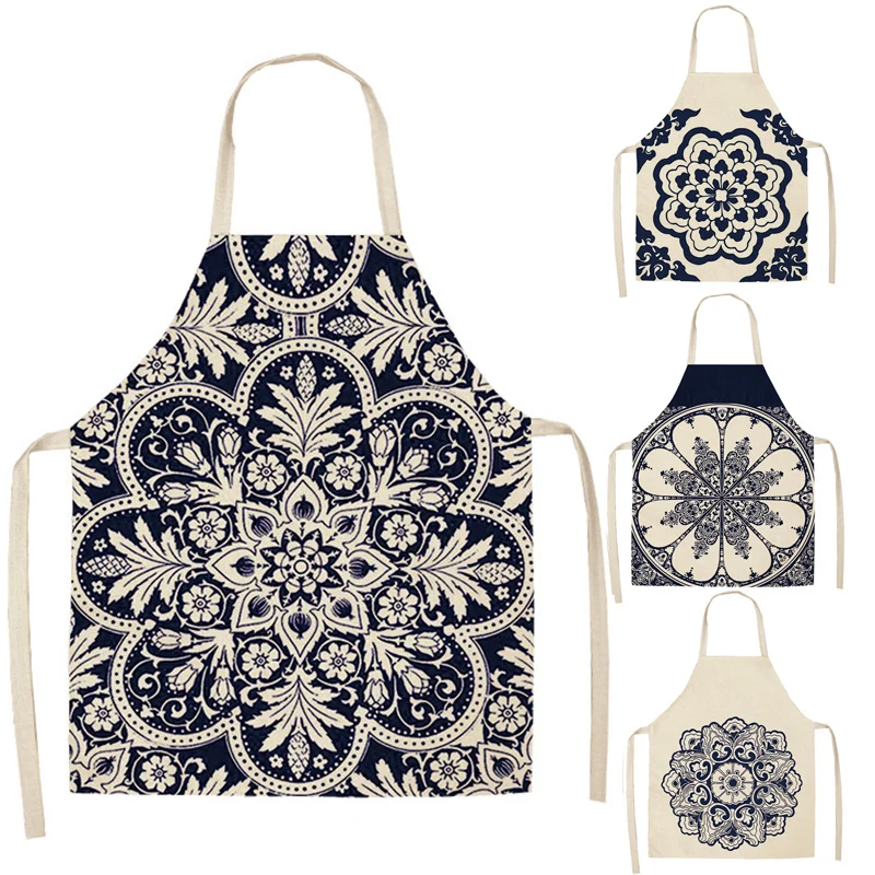 

High-Quality Blue and White porcelain Deer Pattern Kitchen Aprons Cotton Linen Unisex Party Cooking Bibs Cleaning Tools