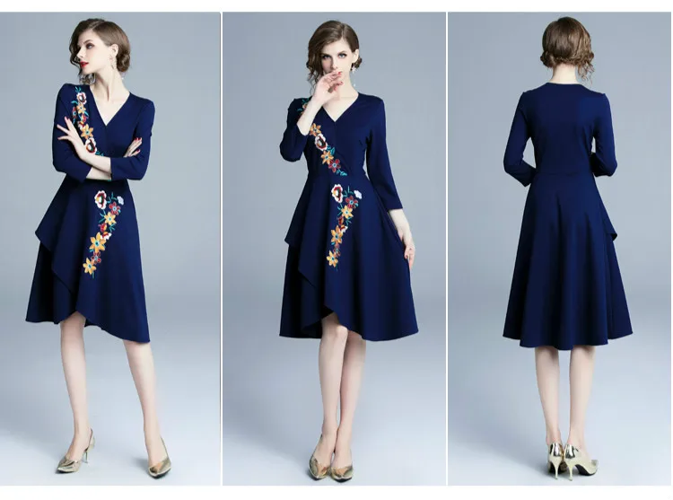 KAUNISSINA Retro Party Dresses Elegant A-Line Cocktail Dress 3/4 Sleeve Embroidery Knee Length Vestidos Femme Autumn