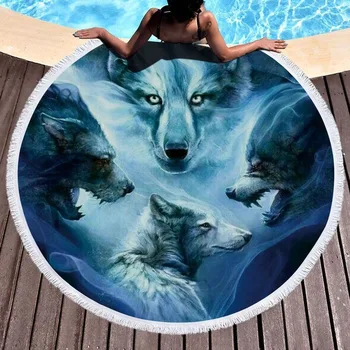

Microfiber round Beach Towel Bath Towel Wolf Printed Webbing SU 150cm Adult Colorful Quicksand Pattern